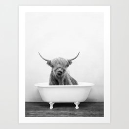 Highland Cow in a Vintage Bathtub Rustic Bath Style (bw) Art Print