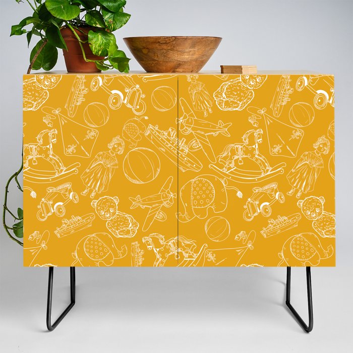 Mustard and White Toys Outline Pattern Credenza