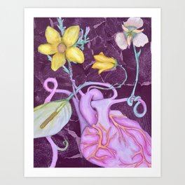 Organic Organ Art Print | Collage, Flower, Painting, Green, Purple, Yellow, Watercolor, Heart 