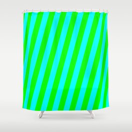[ Thumbnail: Lime & Aqua Colored Pattern of Stripes Shower Curtain ]