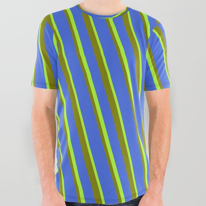 Green, Royal Blue, and Light Green Colored Lines/Stripes Pattern All Over Graphic Tee