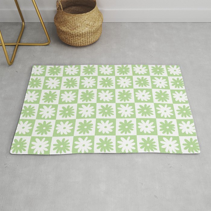 Green And White Checkered Flower Pattern Rug