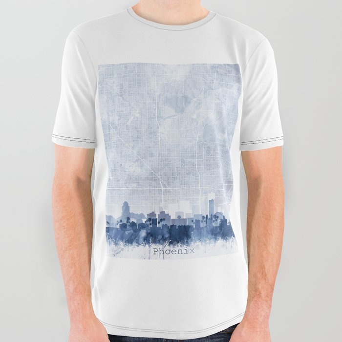Phoenix Skyline & Map Watercolor Navy Blue, Print by Zouzounio Art All Over Graphic Tee