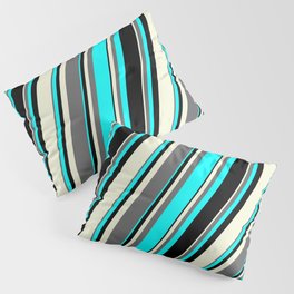 [ Thumbnail: Beige, Dim Grey, Aqua & Black Colored Lines/Stripes Pattern Pillow Sham ]