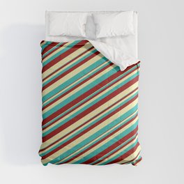 [ Thumbnail: Pale Goldenrod, Light Sea Green, and Dark Red Colored Striped Pattern Comforter ]