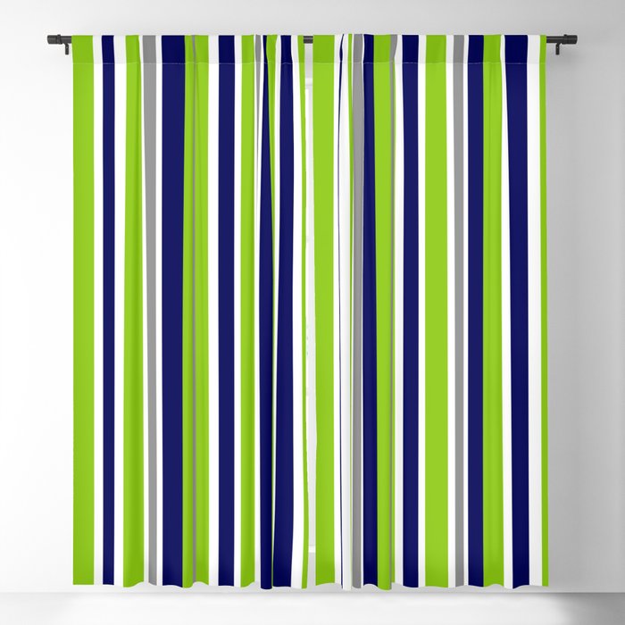 Lime Green Bright Navy Blue Gray and White Vertical Stripes Pattern Blackout Curtain