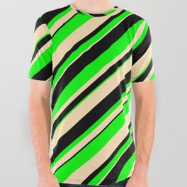 [ Thumbnail: Beige, Black & Lime Colored Lined/Striped Pattern All Over Graphic Tee ]