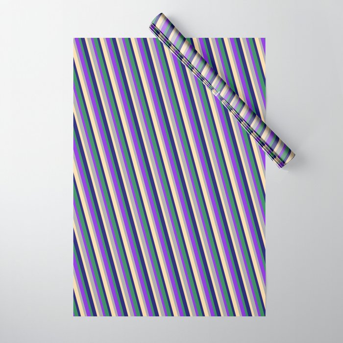 Vibrant Sea Green, Purple, Dark Grey, Tan, and Midnight Blue Colored Pattern of Stripes Wrapping Paper