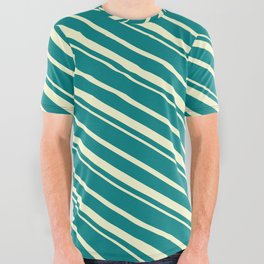 [ Thumbnail: Teal & Light Yellow Colored Striped Pattern All Over Graphic Tee ]