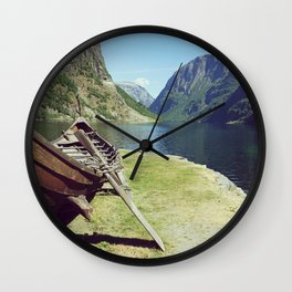 Viking wooden boat by the fjord in Norway | Ancient Scandinavia Wall Clock