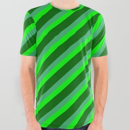 [ Thumbnail: Sea Green, Lime & Dark Green Colored Stripes/Lines Pattern All Over Graphic Tee ]