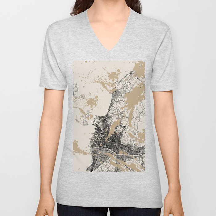 Japan, Matsuyama - Black&White City Map - Aesthetic V Neck T Shirt