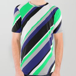 [ Thumbnail: Green, Grey, Midnight Blue, Black & White Colored Stripes Pattern All Over Graphic Tee ]