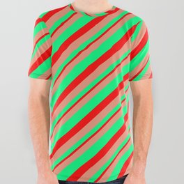 [ Thumbnail: Dark Salmon, Green & Red Colored Striped Pattern All Over Graphic Tee ]