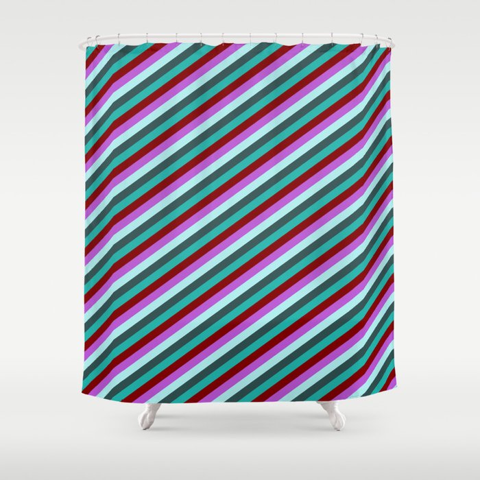 Eyecatching Orchid, Turquoise, Dark Slate Gray, Light Sea Green & Maroon Colored Stripes Pattern Shower Curtain