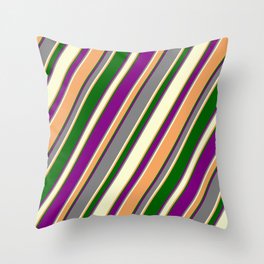 [ Thumbnail: Colorful Purple, Grey, Light Yellow, Brown & Dark Green Colored Pattern of Stripes Throw Pillow ]