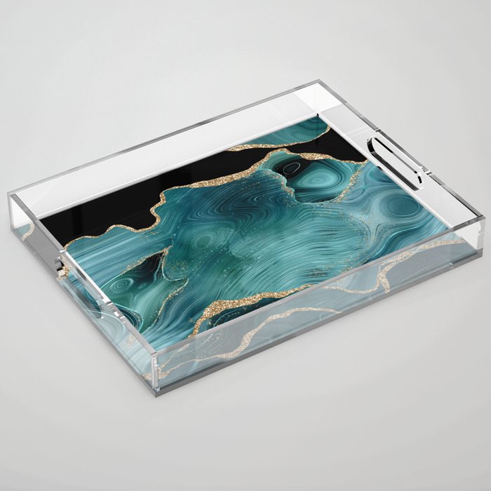 Teal & Gold Glitter Agate Texture 02 Acrylic Tray