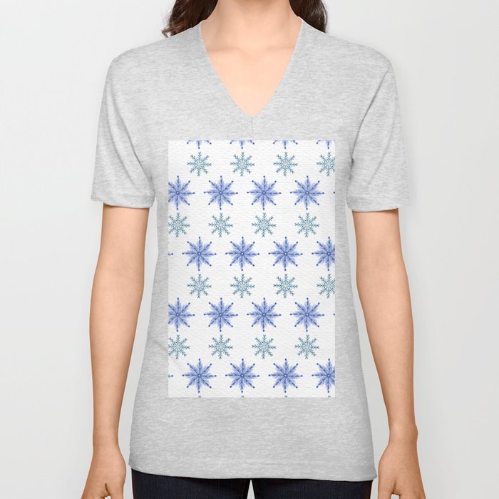 Christmas Pattern Watercolor Snowflake Blue V Neck T Shirt