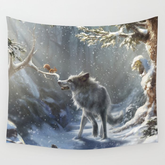 Friends: Wolf & Squirrel in Winter Wall Tapestry