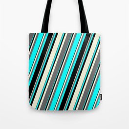[ Thumbnail: Beige, Dim Grey, Aqua & Black Colored Lines/Stripes Pattern Tote Bag ]