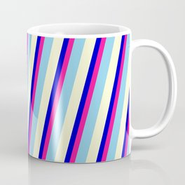 [ Thumbnail: Blue, Deep Pink, Sky Blue, and Light Yellow Colored Stripes/Lines Pattern Coffee Mug ]