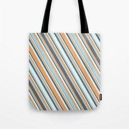 [ Thumbnail: Dim Gray, Light Cyan, Brown & Light Blue Colored Striped Pattern Tote Bag ]
