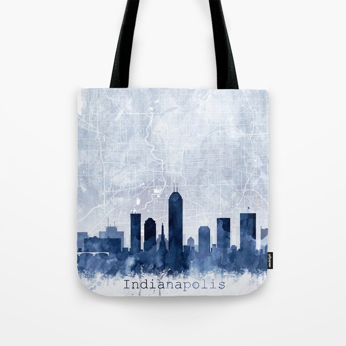 Indianapolis Skyline & Map Watercolor Navy Blue, Print by Zouzounio Art Tote Bag