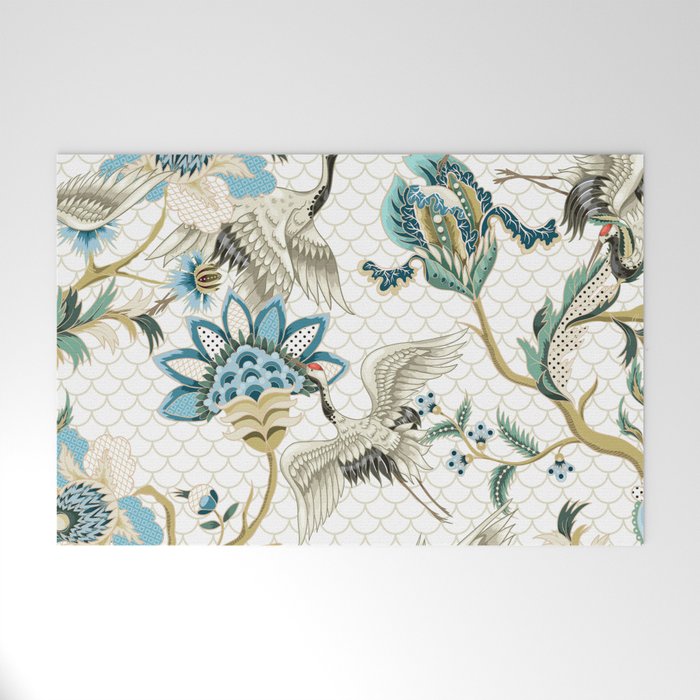 Japanese Ornate Heron Pattern Ivory Silver Blue Welcome Mat