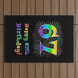 [ Thumbnail: 67th Birthday - Fun Rainbow Spectrum Gradient Pattern Text, Bursting Fireworks Inspired Background Outdoor Rug ]