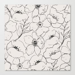 Floral Simplicity - Flower & Leaves Line Art - Cream & Black Canvas Print