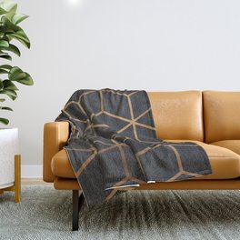 Charcoal and Gold - Geometric Textured Cube Design I Throw Blanket