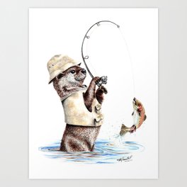 " Natures Fisherman " fishing river otter with trout Art Print