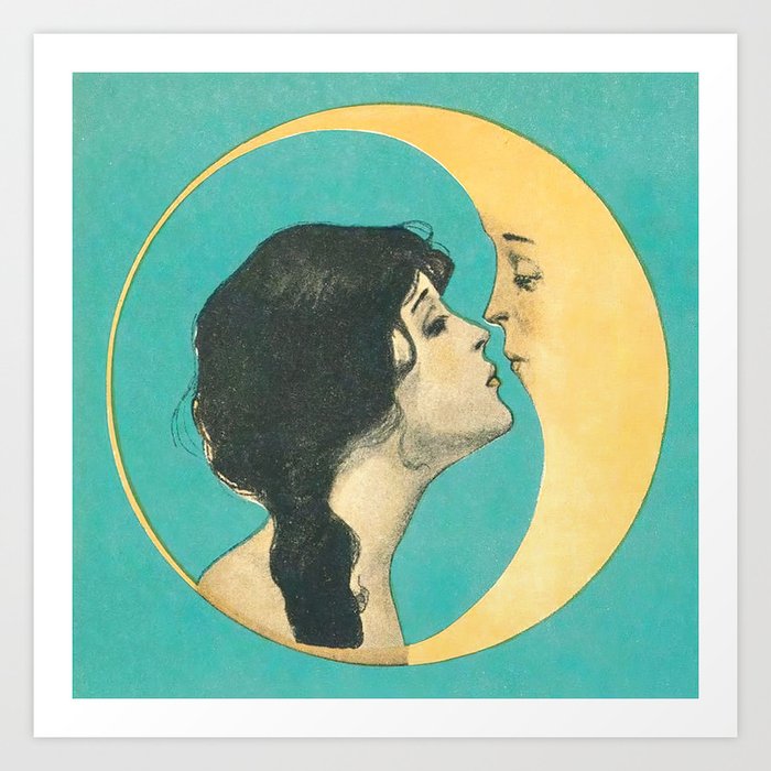 Moon Kiss, Woman Kissing Moon Vintage Wall Art Art Print