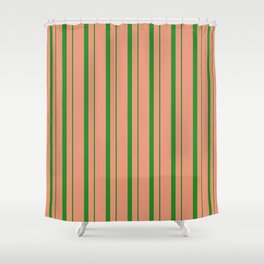 [ Thumbnail: Dark Salmon & Forest Green Colored Lines Pattern Shower Curtain ]