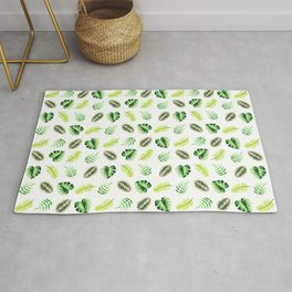 Tropical leaves in green on white Area & Throw Rug