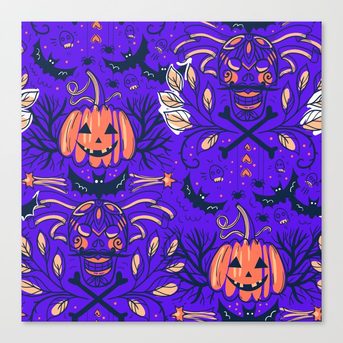 Halloween Pumpkin Scary Design Pattern Blue Canvas Print