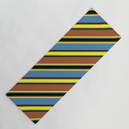 [ Thumbnail: Sienna, Yellow, Blue, and Black Colored Lines/Stripes Pattern Yoga Mat ]