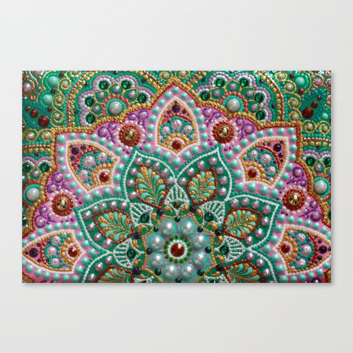Green And Pink Boho Mandala Dot Art Canvas Print By Elenamorgun