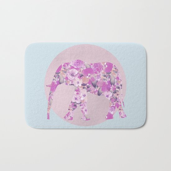 Floral Elephant and circle pastel blue pink colors Bath Mat