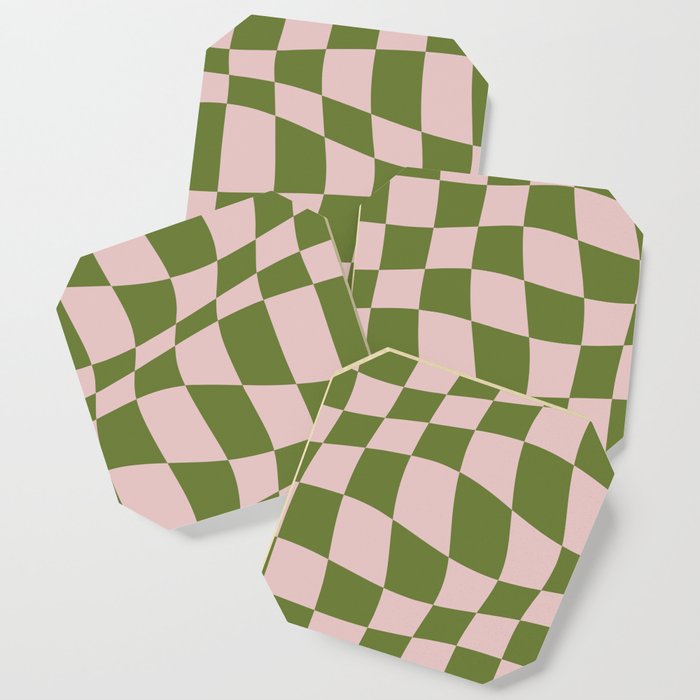 Warped Checkered Pattern (pink/olive green) Coaster