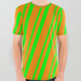 [ Thumbnail: Lime and Dark Orange Colored Stripes/Lines Pattern All Over Graphic Tee ]