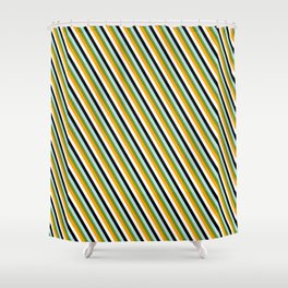 [ Thumbnail: Eye-catching Powder Blue, Green, Orange, White, and Black Colored Lines Pattern Shower Curtain ]
