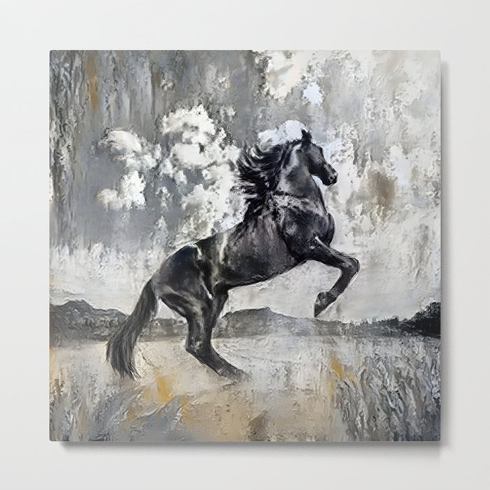 Horse Head Painting, Original Oil Abstract Art, Gold Marble, Contemporary Modern Rustic Wild Horses Artwork Metal Print