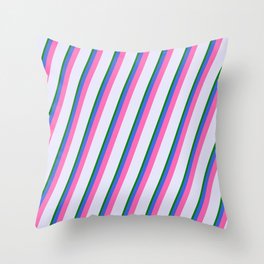 [ Thumbnail: Lavender, Green, Royal Blue & Hot Pink Colored Pattern of Stripes Throw Pillow ]