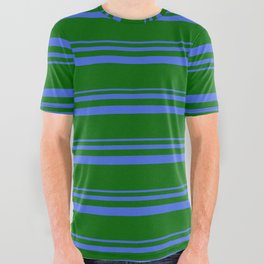 [ Thumbnail: Royal Blue & Dark Green Colored Striped/Lined Pattern All Over Graphic Tee ]