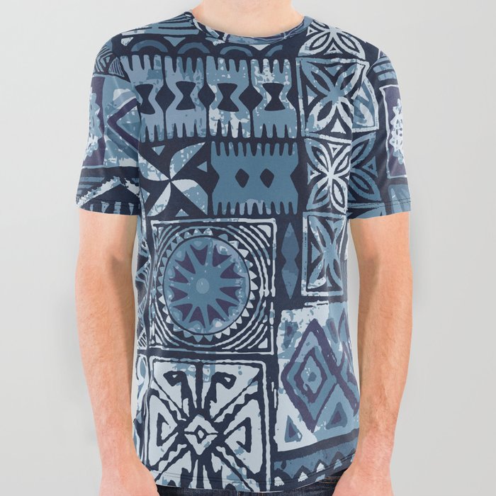 Hawaiian style blue tapa tribal fabric abstract patchwork vintage vintage pattern All Over Graphic Tee