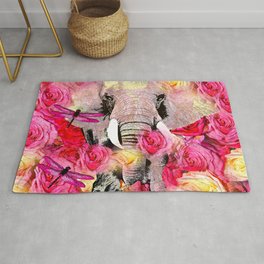 Elephant and Pink Roses Rug | Dragonfly, Tusks, Garden, Floral, Impressionism, Elephants, White, Flowers, Painting, Roseswhite 