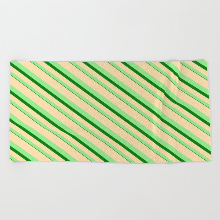 Tan, Light Green, and Green Colored Lined/Striped Pattern Beach Towel
