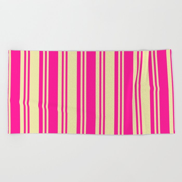Deep Pink and Pale Goldenrod Colored Lines/Stripes Pattern Beach Towel
