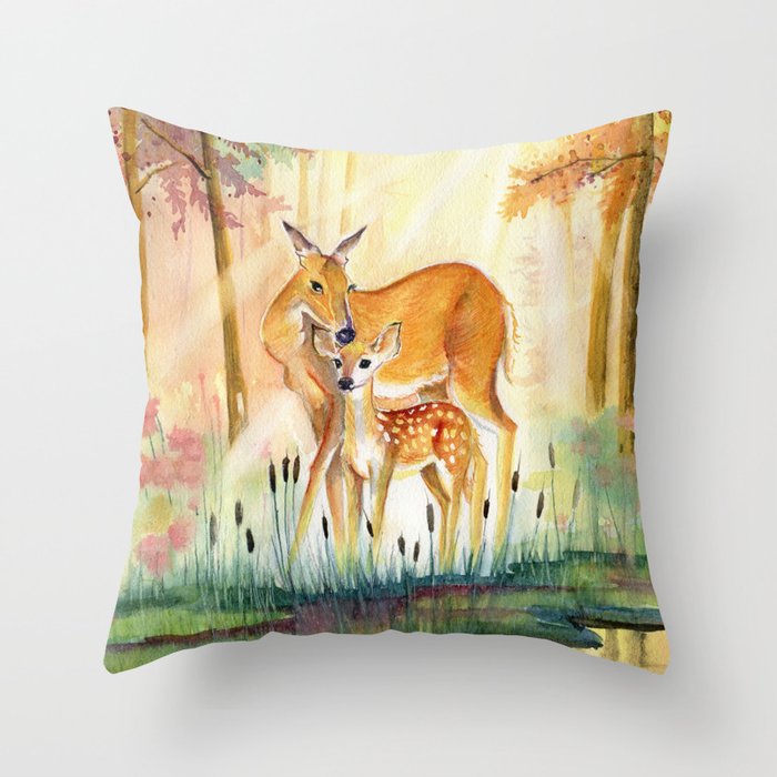 Mom and Little Deer Throw Pillow